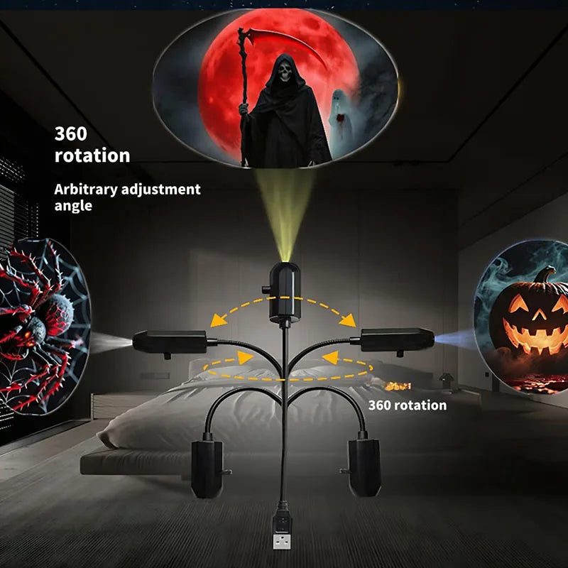 Halloween Moon USB Projector Light Palm Prints & Faces Holiday Night Light Rotatable Scenes Projector for Wall Ceiling Decor