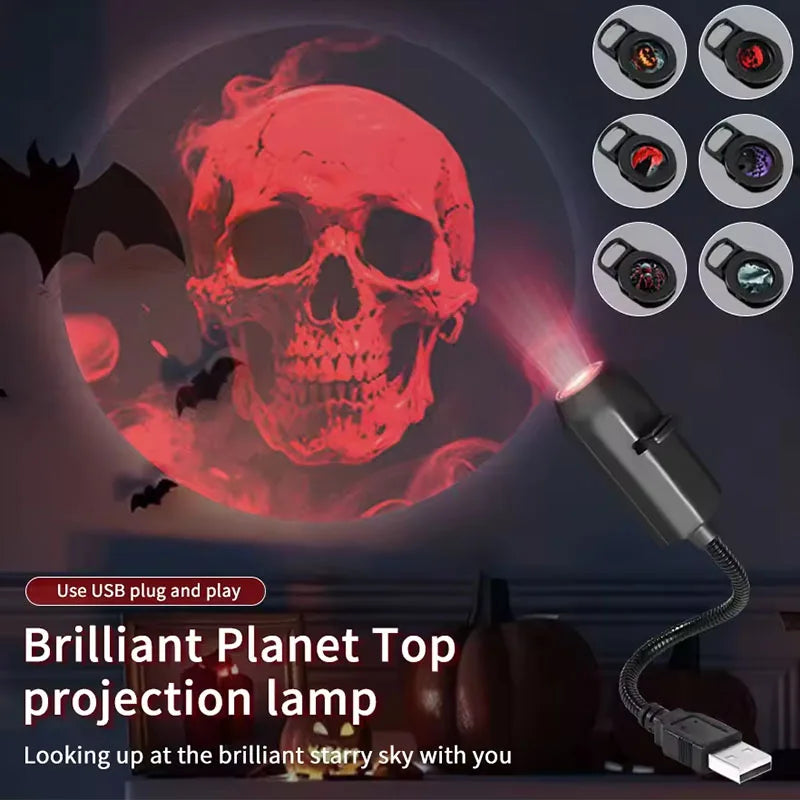 Halloween Moon USB Projector Light Palm Prints & Faces Holiday Night Light Rotatable Scenes Projector for Wall Ceiling Decor