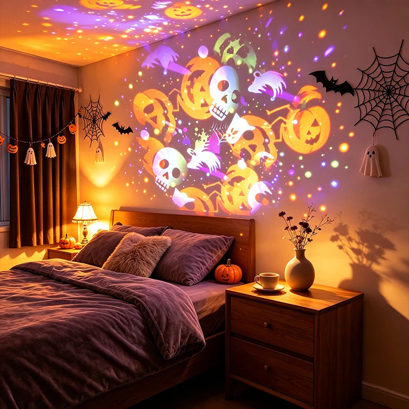 Halloween LED Pattern Projector Light, Rotatable Holiday Decor Lamp with Ghost Pumpkin Spider Images, Indoor Wall Ceiling Decora
