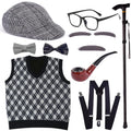 Halloween Costumes 100 Days of School Old Man Costume Accessories Grandpa Cosplay Outfit with Hat Vest Bow Tie Suspenders Glass
