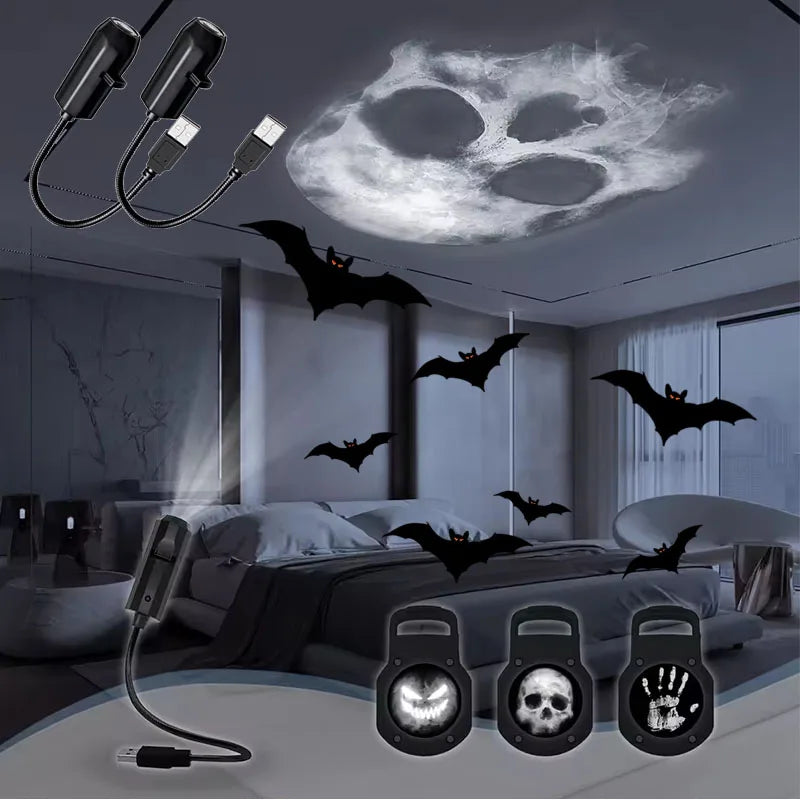 Halloween Moon USB Projector Light Palm Prints & Faces Holiday Night Light Rotatable Scenes Projector for Wall Ceiling Decor