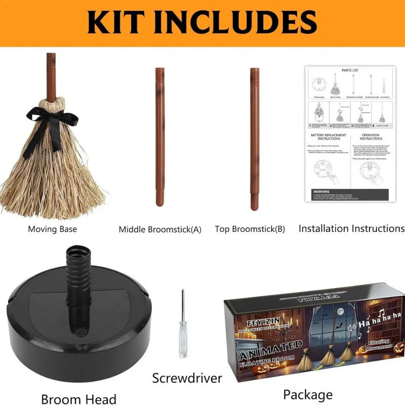 Halloween Floating Witch's Broom–haunted Dancing Broom Terror Atmosphere Festive Decorations Broom With Ghost Sounds Home Decor