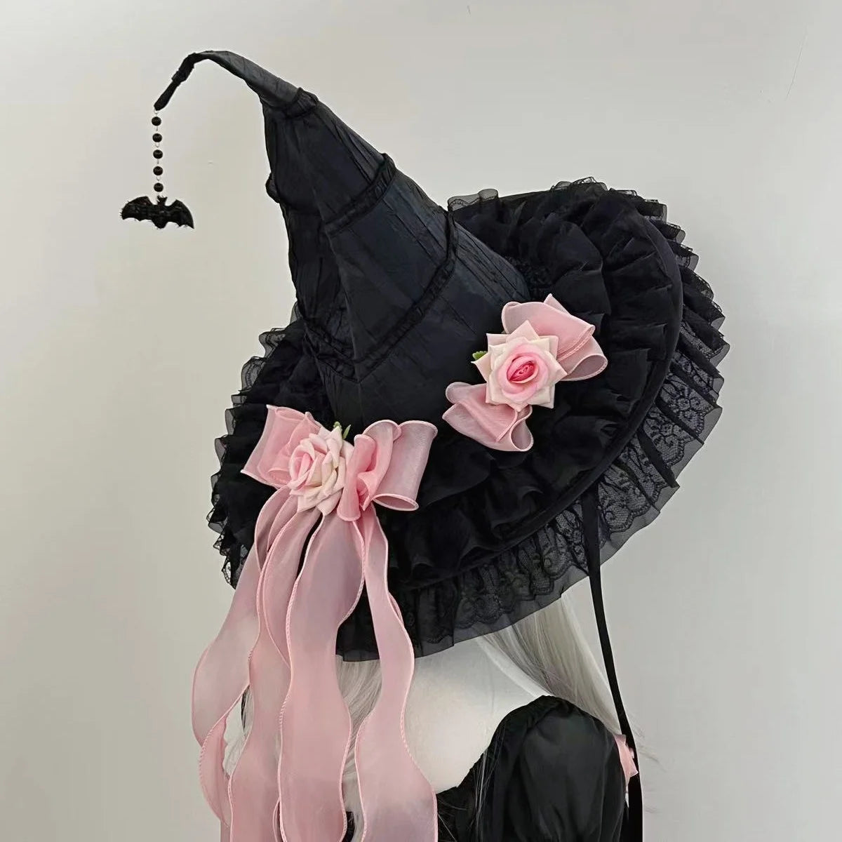 Gothic Witch Hat with Veil and Roses