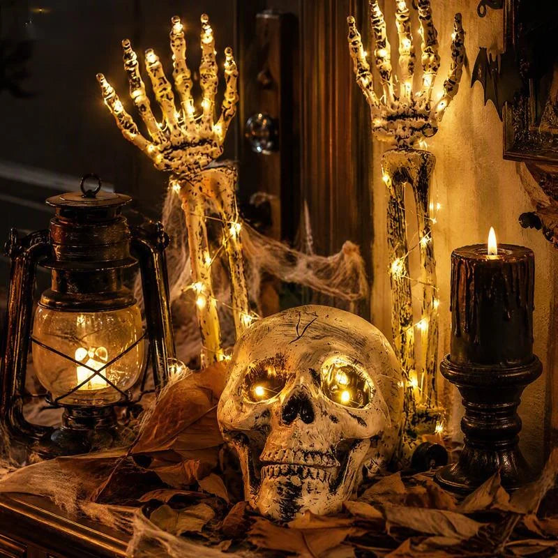 Halloween LED Lighted Skeleton Hands Skull Horror Props Outdoor Yard Garden Party Haunted House Graveyard Decorations Decor