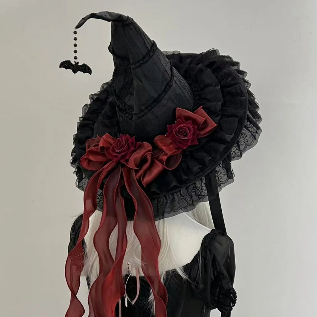 Gothic Witch Hat with Veil and Roses