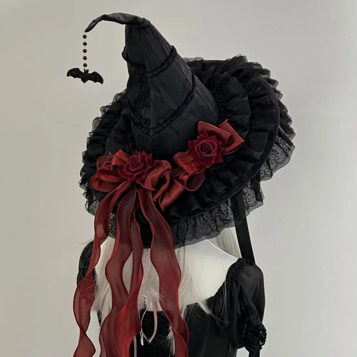 Gothic Witch Hat with Veil and Roses