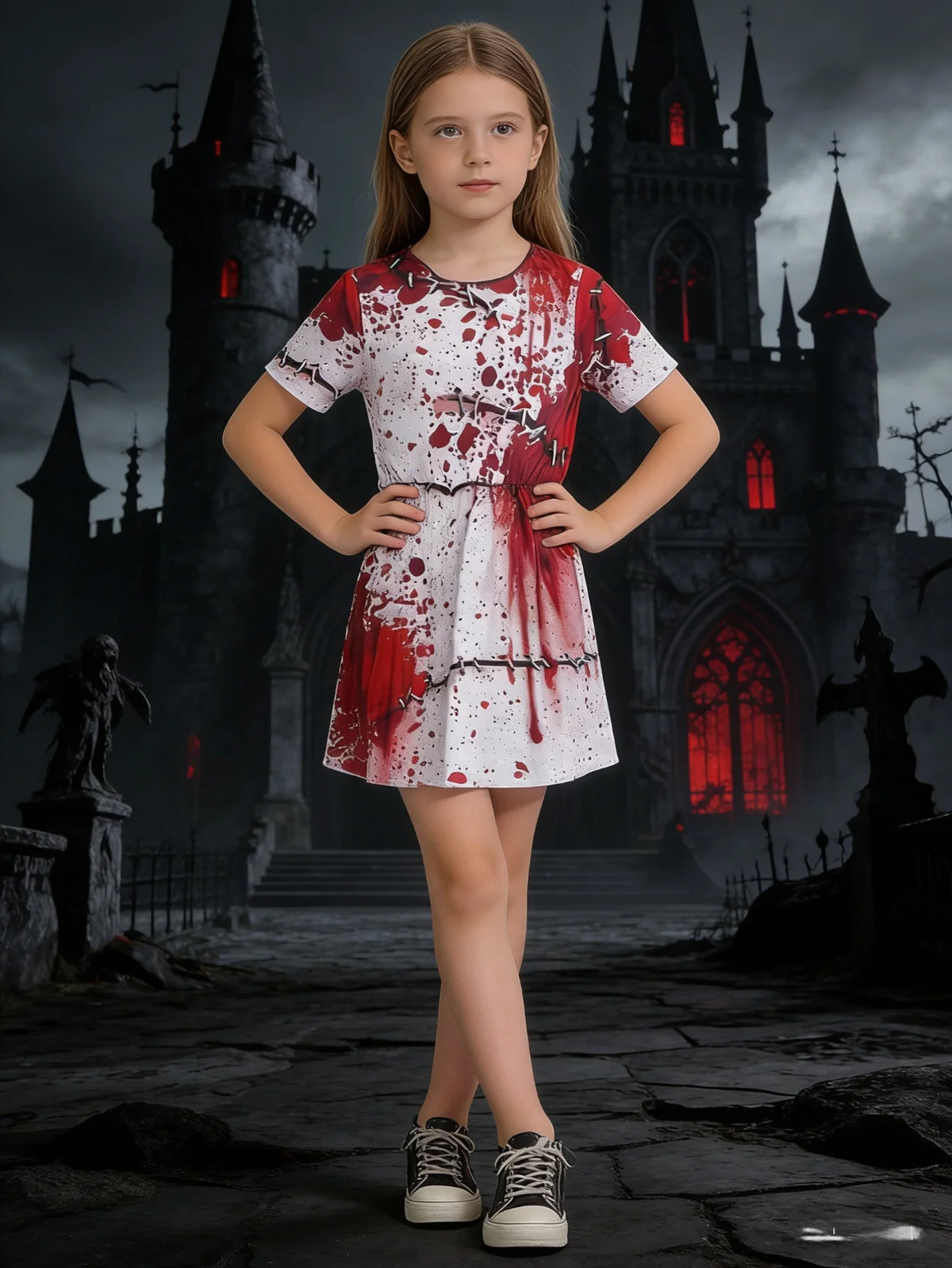 Girls’ Spooky Stitch Print Dress – Halloween Costume