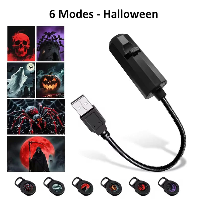 Halloween Moon USB Projector Light Palm Prints & Faces Holiday Night Light Rotatable Scenes Projector for Wall Ceiling Decor