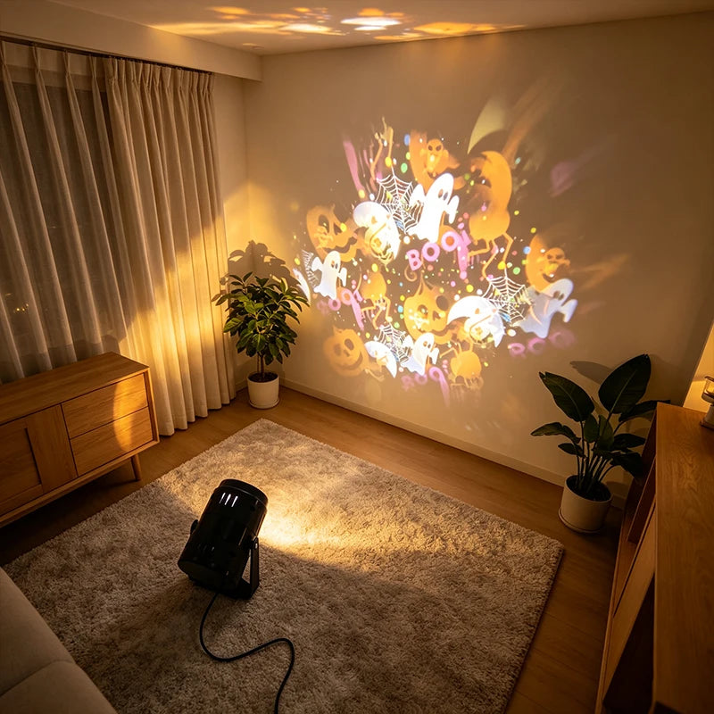 Halloween LED Pattern Projector Light, Rotatable Holiday Decor Lamp with Ghost Pumpkin Spider Images, Indoor Wall Ceiling Decora