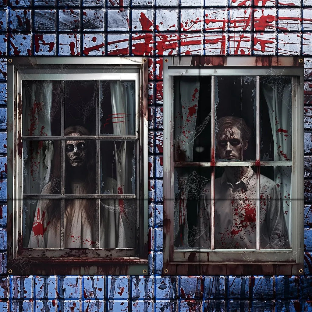 Halloween Horror Ghost Nun Skeleton Witch Window Backdrop Creepy Bloody Haunted House Indoor Outdoor Yard Pub Booth Wall Decor