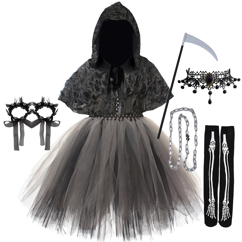 Halloween Death Dress Up Costume With Hoodies Girls Evil Role Playing Tulle Tutu Kids Carnival Party Fancy Sickle Chain Clothes