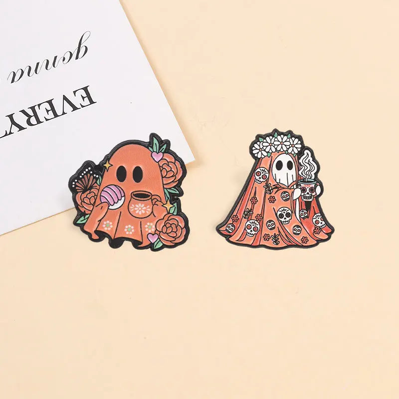 Halloween Ghost Enamel Pins Mexico Day Of The Dead Cute Spooky Boo Coffee Cup Creepy Brooches Lapel Badge FashionJewelry Gifts