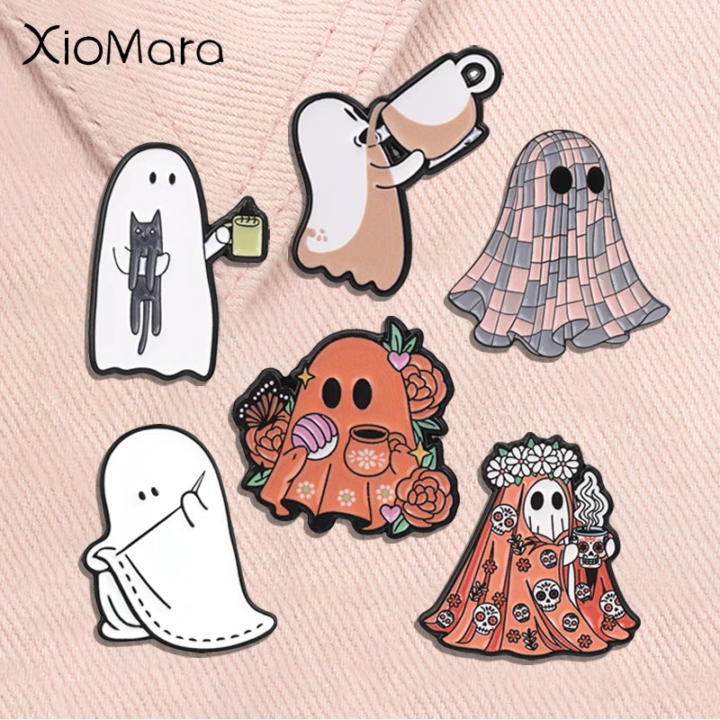Halloween Ghost Enamel Pins Mexico Day Of The Dead Cute Spooky Boo Coffee Cup Creepy Brooches Lapel Badge FashionJewelry Gifts