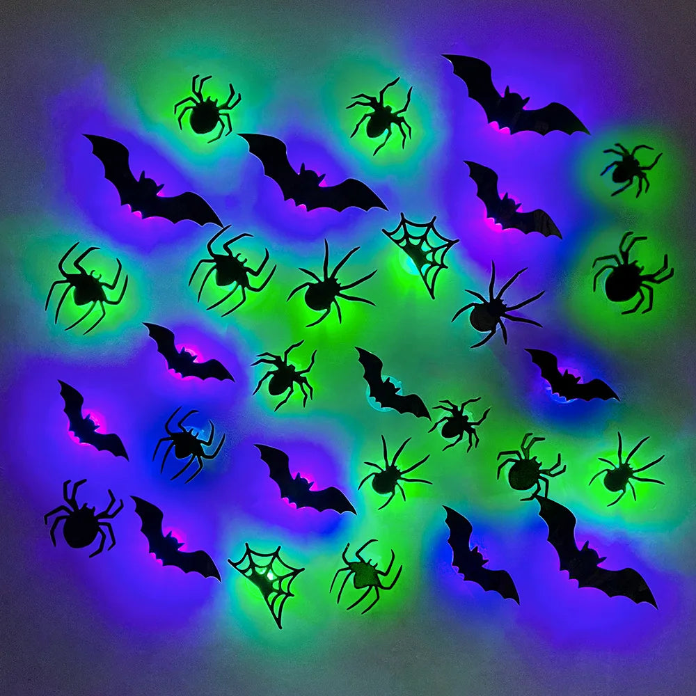 Halloween LED Bats Spider Decor Glow in Dark 3D Wall Stickers Purple/Green Lights for Indoor Outdoor Halloween Party Scares