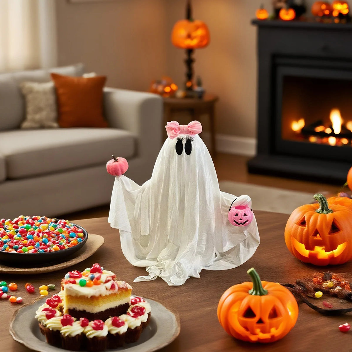 Ghost Holding Pink Pumpkin Halloween