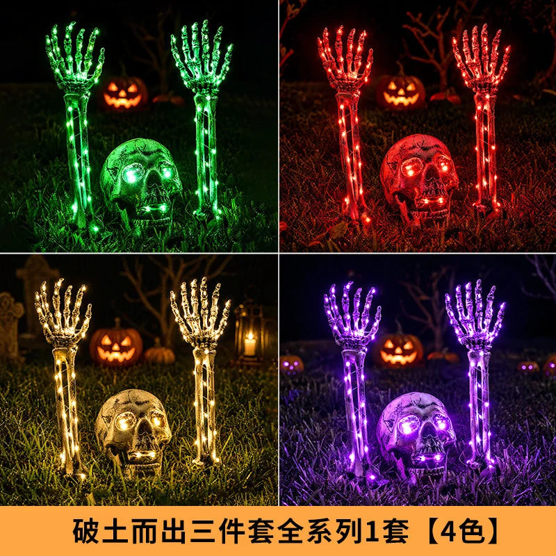 Halloween LED Lighted Skeleton Hands Skull Horror Props Outdoor Yard Garden Party Haunted House Graveyard Decorations Decor