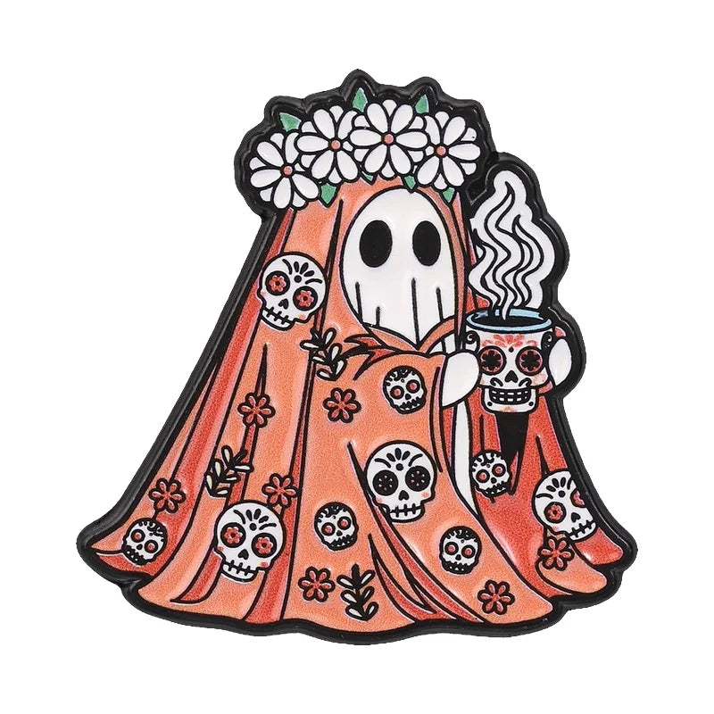 Halloween Ghost Enamel Pins Mexico Day Of The Dead Cute Spooky Boo Coffee Cup Creepy Brooches Lapel Badge FashionJewelry Gifts