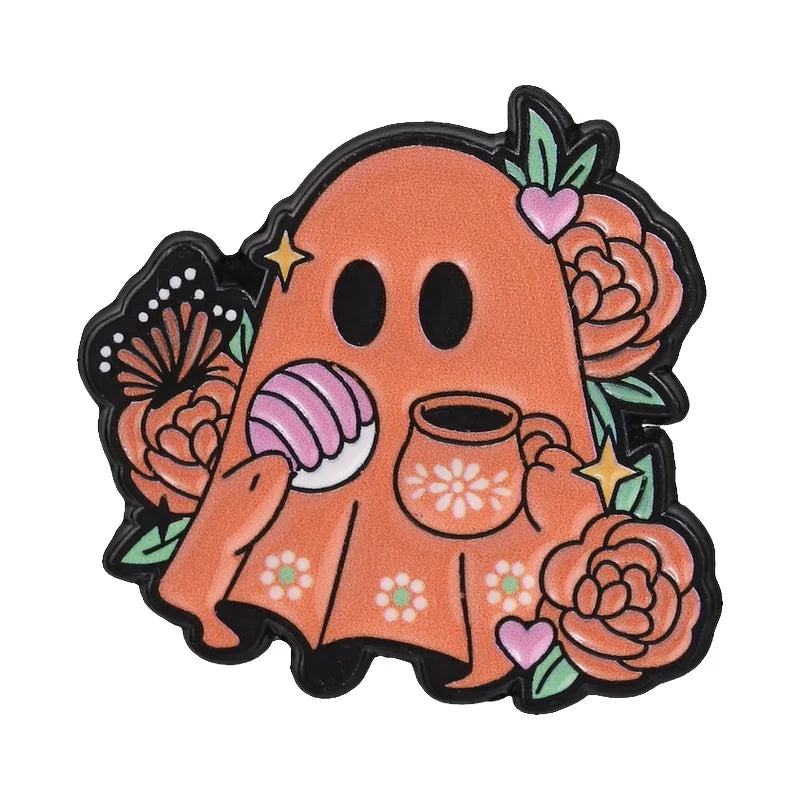 Halloween Ghost Enamel Pins Mexico Day Of The Dead Cute Spooky Boo Coffee Cup Creepy Brooches Lapel Badge FashionJewelry Gifts