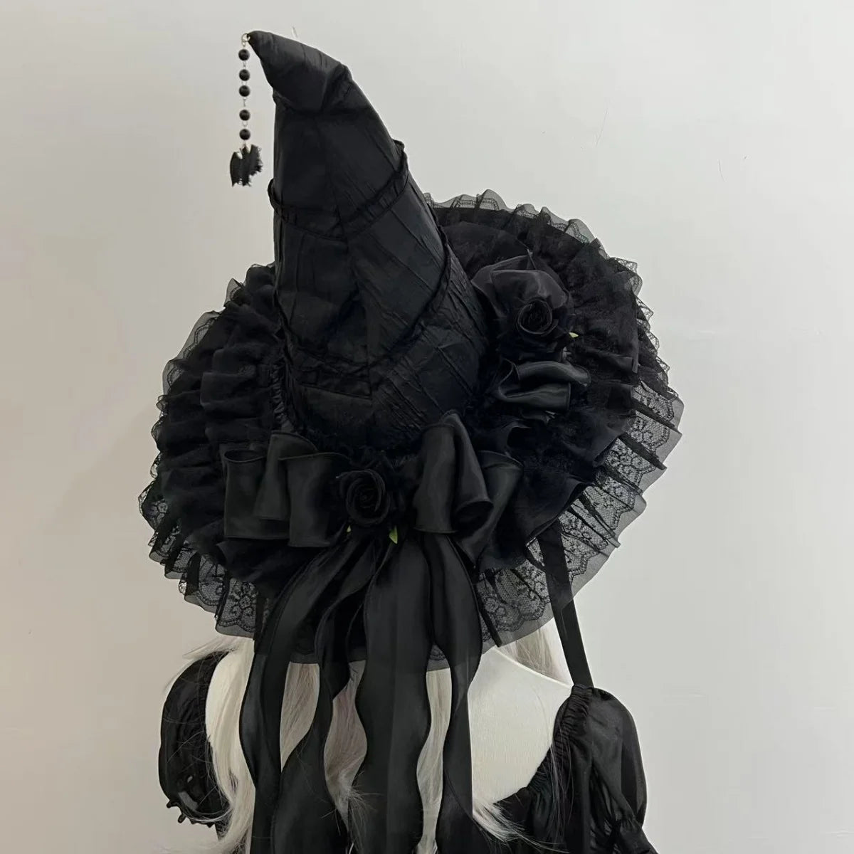 Gothic Witch Hat with Veil and Roses