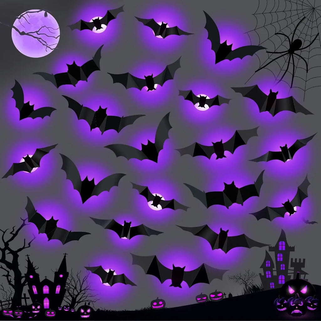 Halloween LED Bats Spider Decor Glow in Dark 3D Wall Stickers Purple/Green Lights for Indoor Outdoor Halloween Party Scares