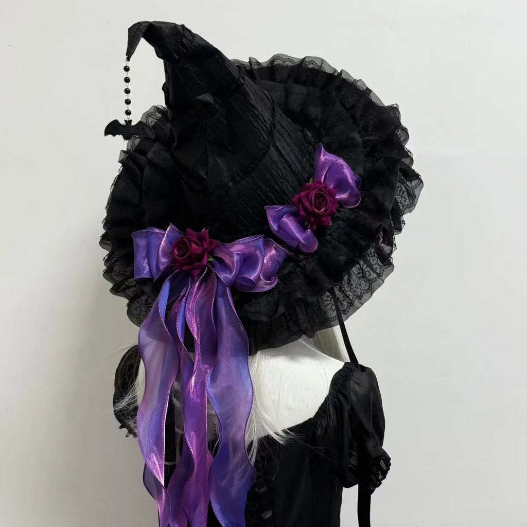 Gothic Witch Hat with Veil and Roses