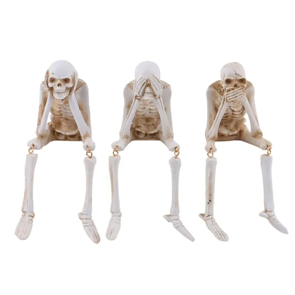 Halloween Statues Resin See Speak Hear No Evil Skeleton Figurines Resin Realistic Skull Decor for Bookshelf Table Edge Ornament