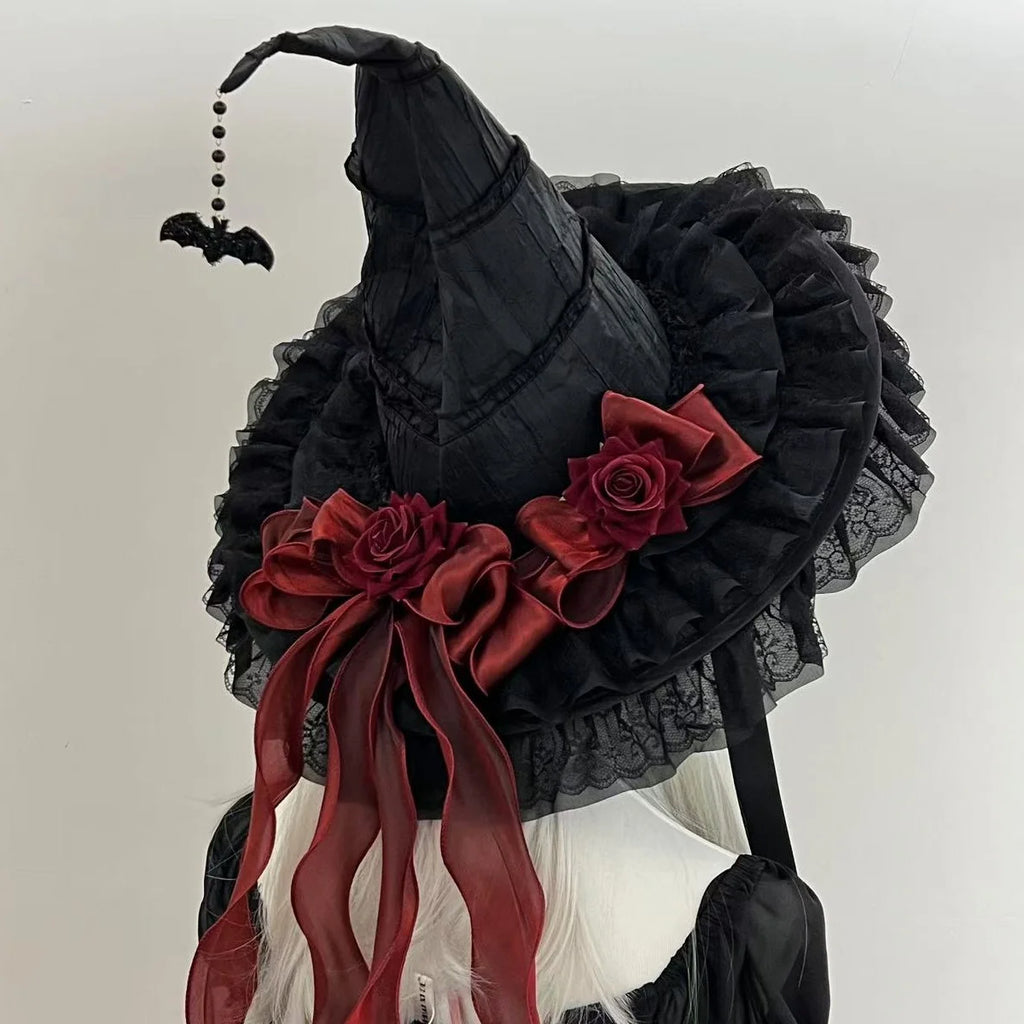Gothic Witch Hat with Veil and Roses