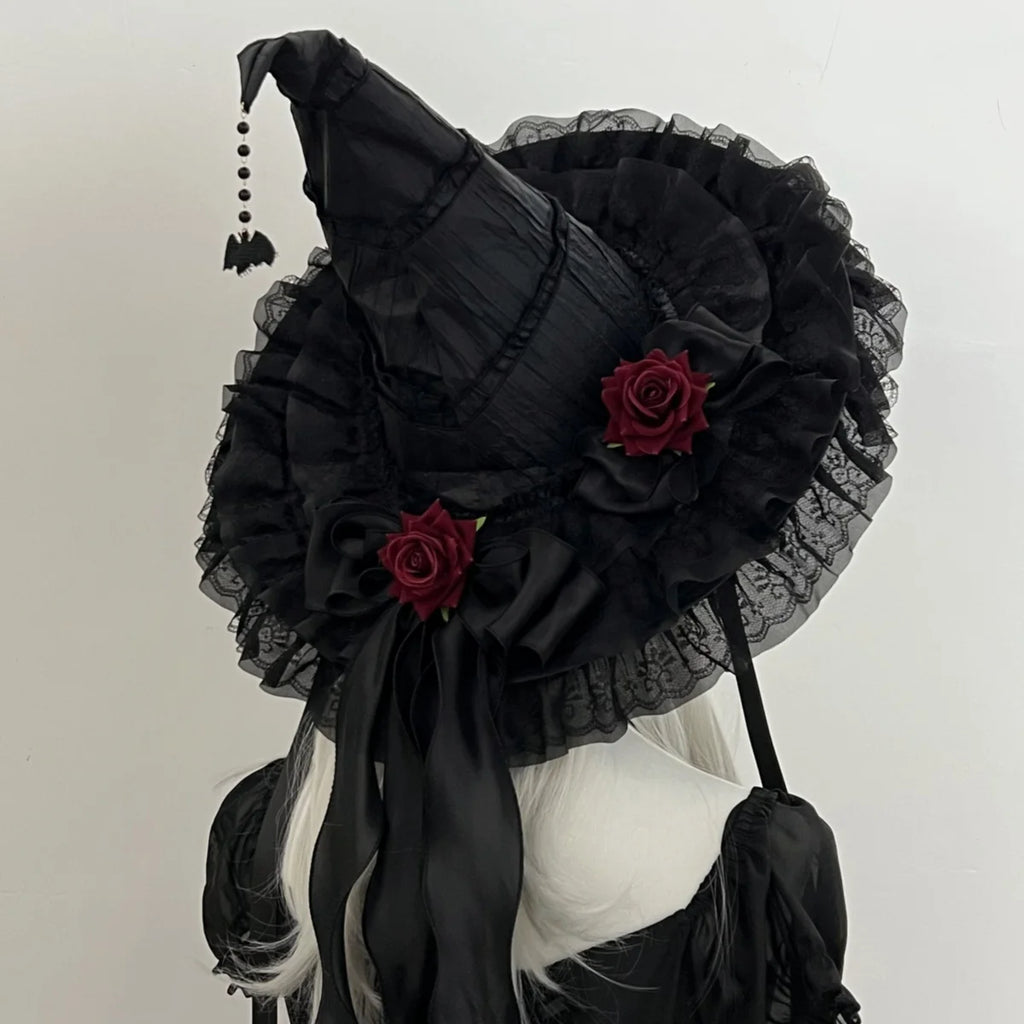 Gothic Witch Hat with Veil and Roses
