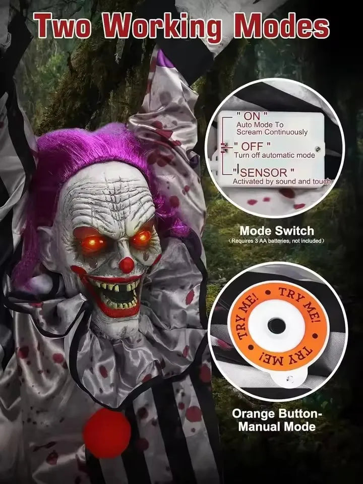 Halloween Party Props Animated Hanging Clown with Chain Glowing Eyes Creepy Sound for Haunted House Outdoor Yard Decoration