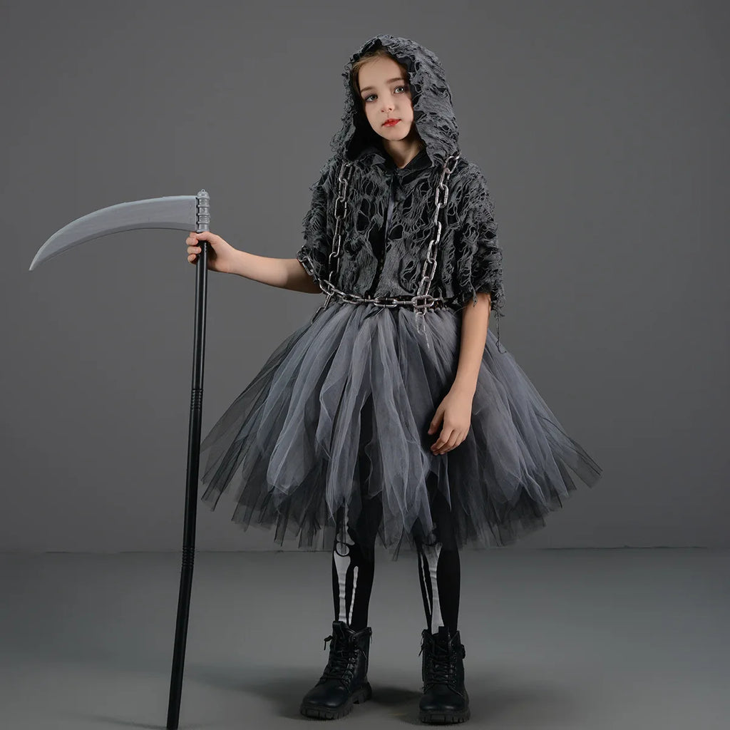 Halloween Death Dress Up Costume With Hoodies Girls Evil Role Playing Tulle Tutu Kids Carnival Party Fancy Sickle Chain Clothes