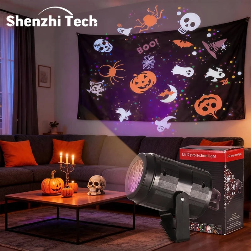 Halloween LED Pattern Projector Light, Rotatable Holiday Decor Lamp with Ghost Pumpkin Spider Images, Indoor Wall Ceiling Decora