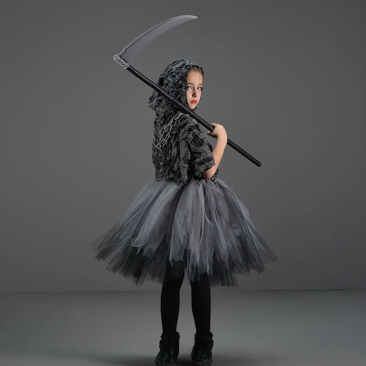 Halloween Death Dress Up Costume With Hoodies Girls Evil Role Playing Tulle Tutu Kids Carnival Party Fancy Sickle Chain Clothes