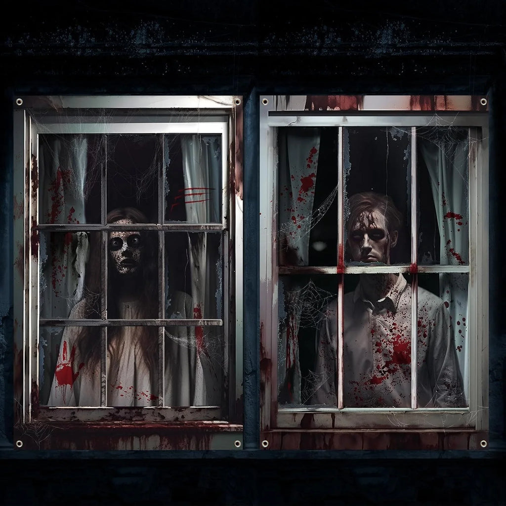 Halloween Horror Ghost Nun Skeleton Witch Window Backdrop Creepy Bloody Haunted House Indoor Outdoor Yard Pub Booth Wall Decor