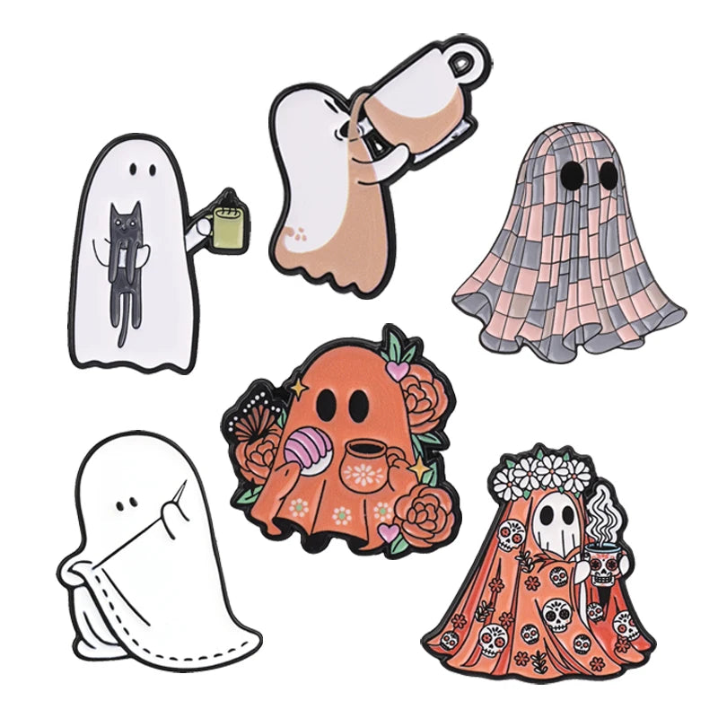 Halloween Ghost Enamel Pins Mexico Day Of The Dead Cute Spooky Boo Coffee Cup Creepy Brooches Lapel Badge FashionJewelry Gifts
