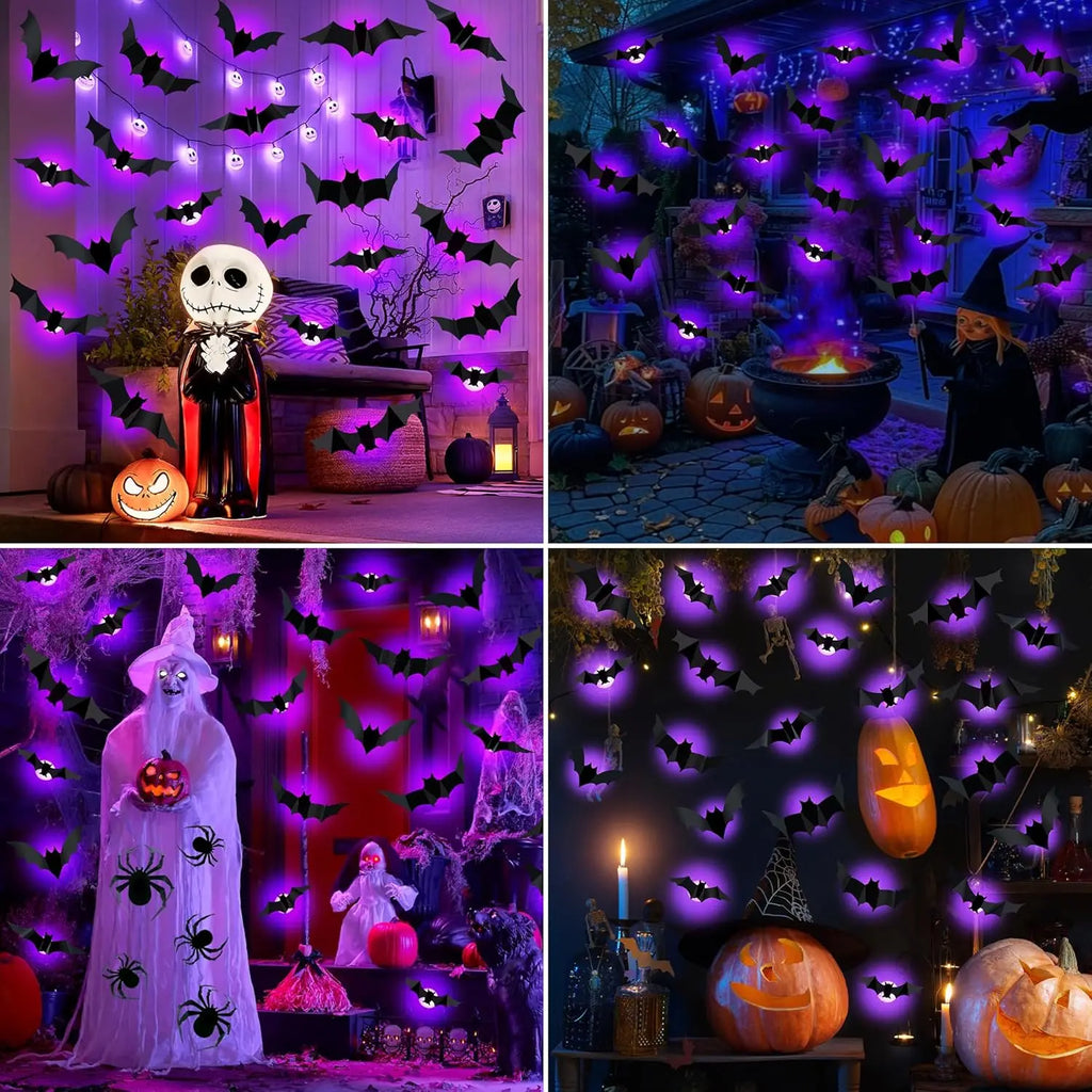 Halloween LED Bats Spider Decor Glow in Dark 3D Wall Stickers Purple/Green Lights for Indoor Outdoor Halloween Party Scares