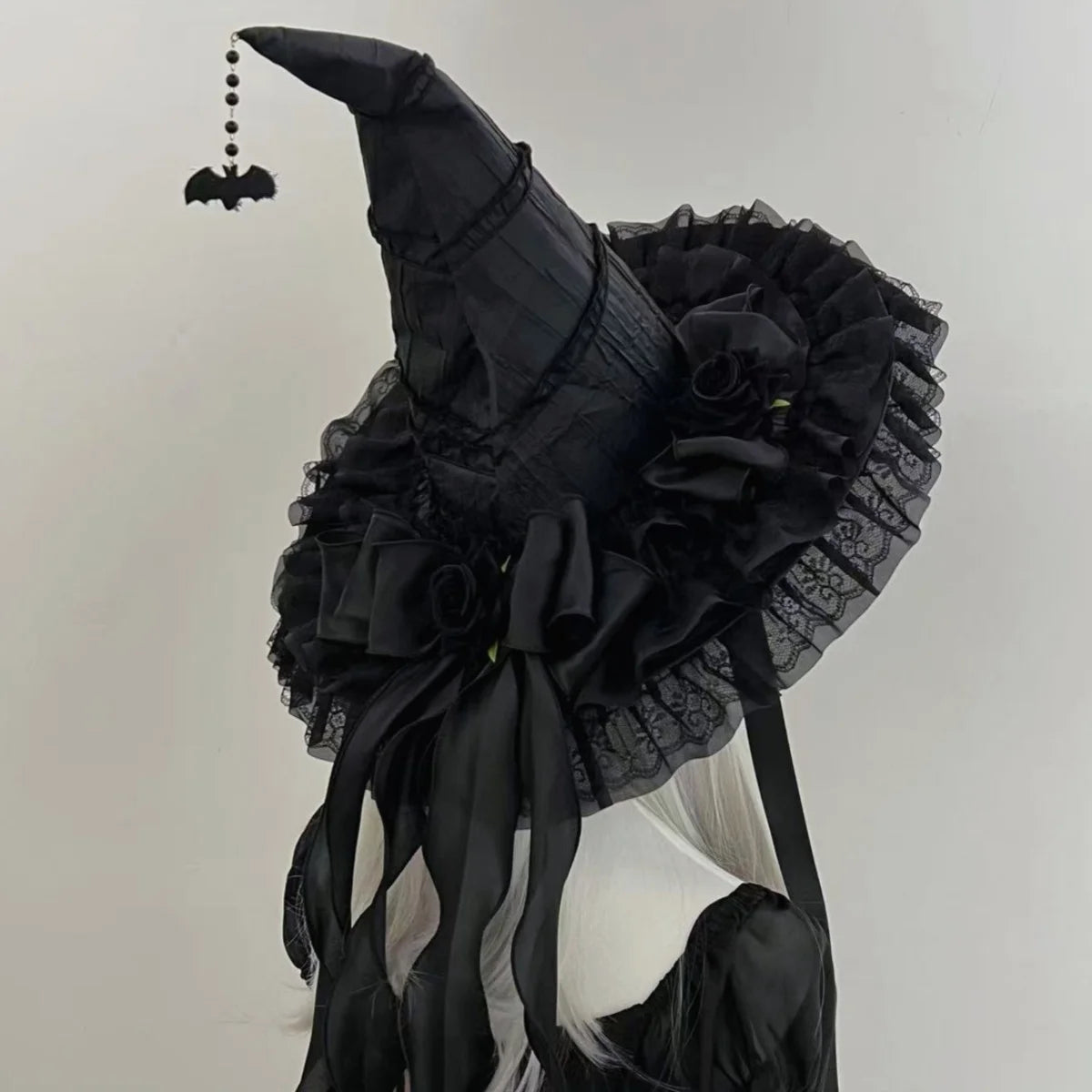 Gothic Witch Hat with Veil and Roses