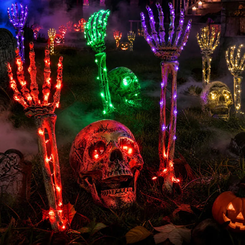Halloween LED Lighted Skeleton Hands Skull Horror Props Outdoor Yard Garden Party Haunted House Graveyard Decorations Decor