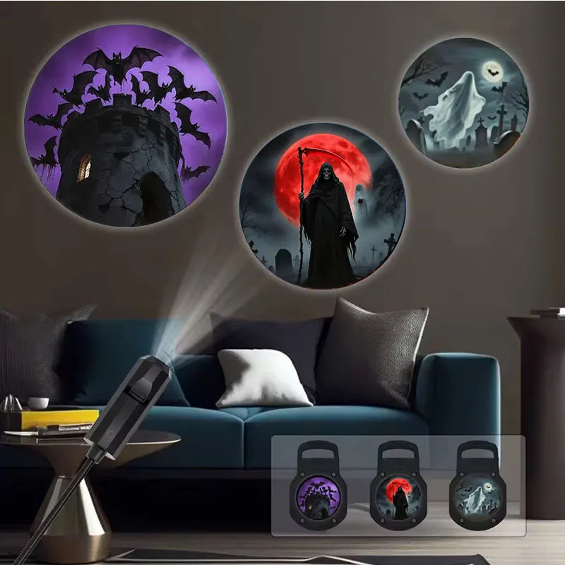 Halloween Moon USB Projector Light Palm Prints & Faces Holiday Night Light Rotatable Scenes Projector for Wall Ceiling Decor