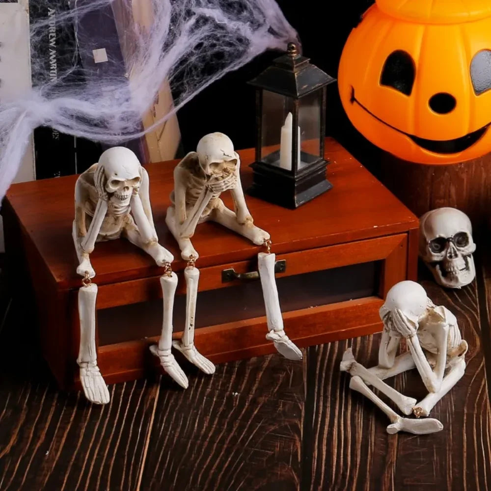 Halloween Statues Resin See Speak Hear No Evil Skeleton Figurines Resin Realistic Skull Decor for Bookshelf Table Edge Ornament