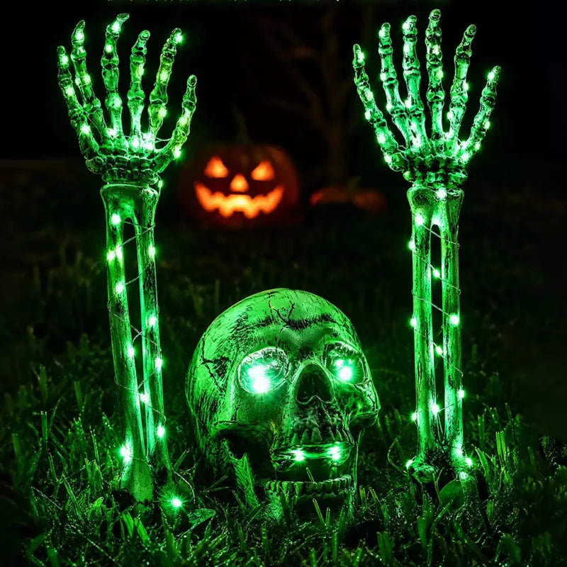 Halloween LED Lighted Skeleton Hands Skull Horror Props Outdoor Yard Garden Party Haunted House Graveyard Decorations Decor