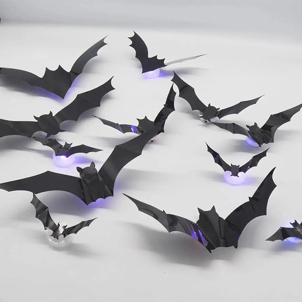 Halloween LED Bats Spider Decor Glow in Dark 3D Wall Stickers Purple/Green Lights for Indoor Outdoor Halloween Party Scares