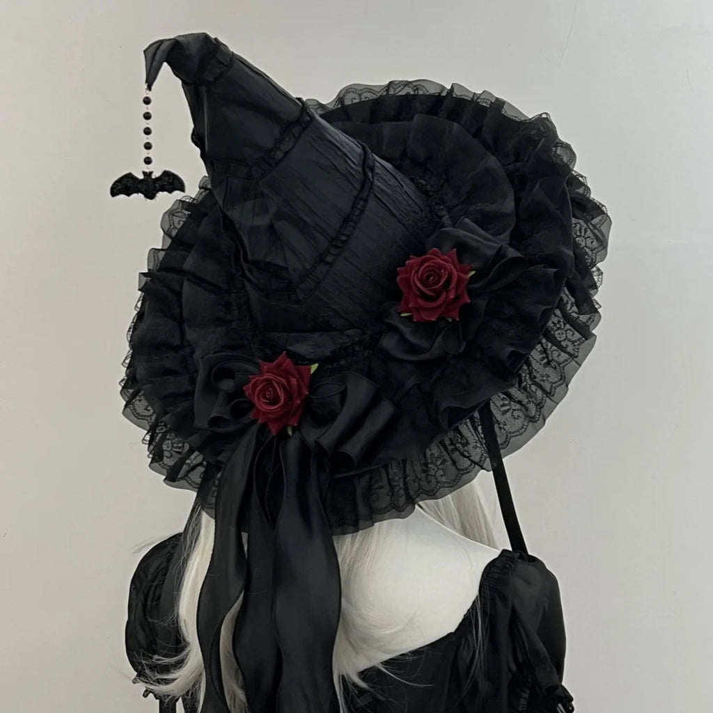 Gothic Witch Hat with Veil and Roses
